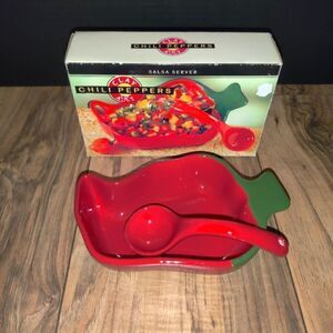 Clay Art Chile Peppers Salsa Server 2-Piece Ceramic Red Green 9890